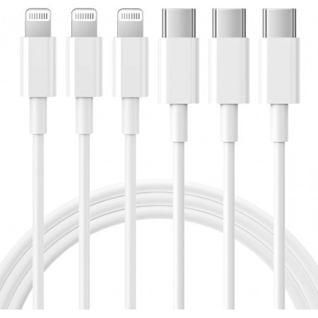 RCTech USB C to Lightning Cable 3Pack 6FT MFi Certified iPhone Fast Charger Cable USB-C Power Delivery Charging Cord for iPhone 14/13/12/11/XS/XR/X/8/iPad, White